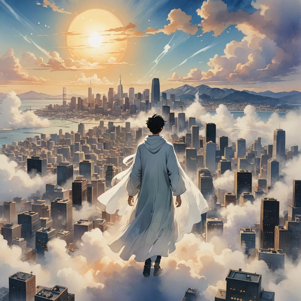 Ethereal Figure Above Cityscape in Anime Style