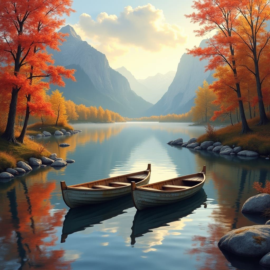 Serene Autumn Landscape with Lake and Mountains