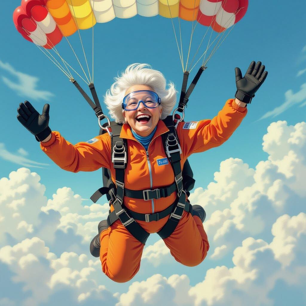 Laughing Granny Skydiving in Cozy Lighting