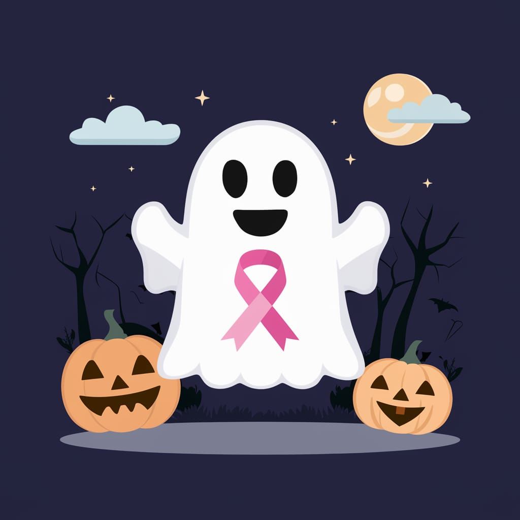 Friendly Halloween Ghost with Pink Awareness Ribbons