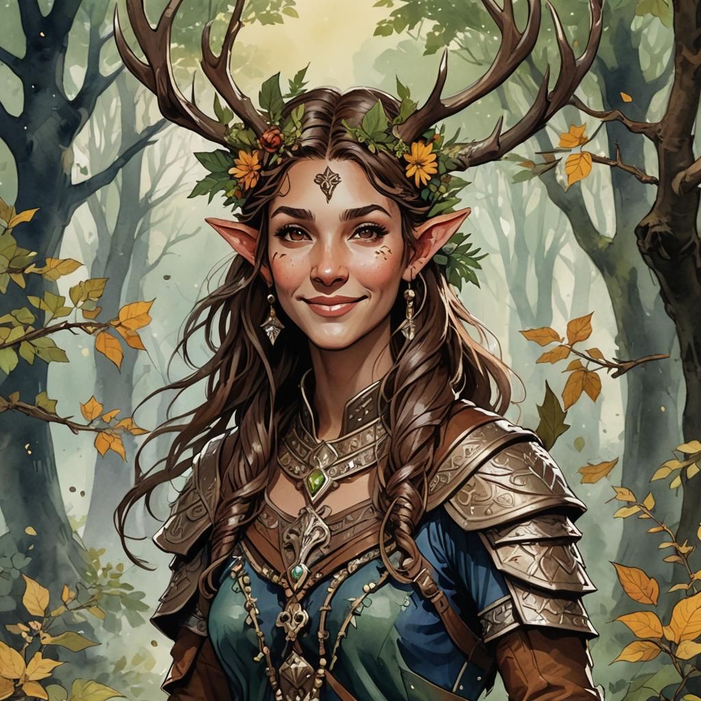 Wood Elf Druid Dawn: Watercolor Fantasy Art