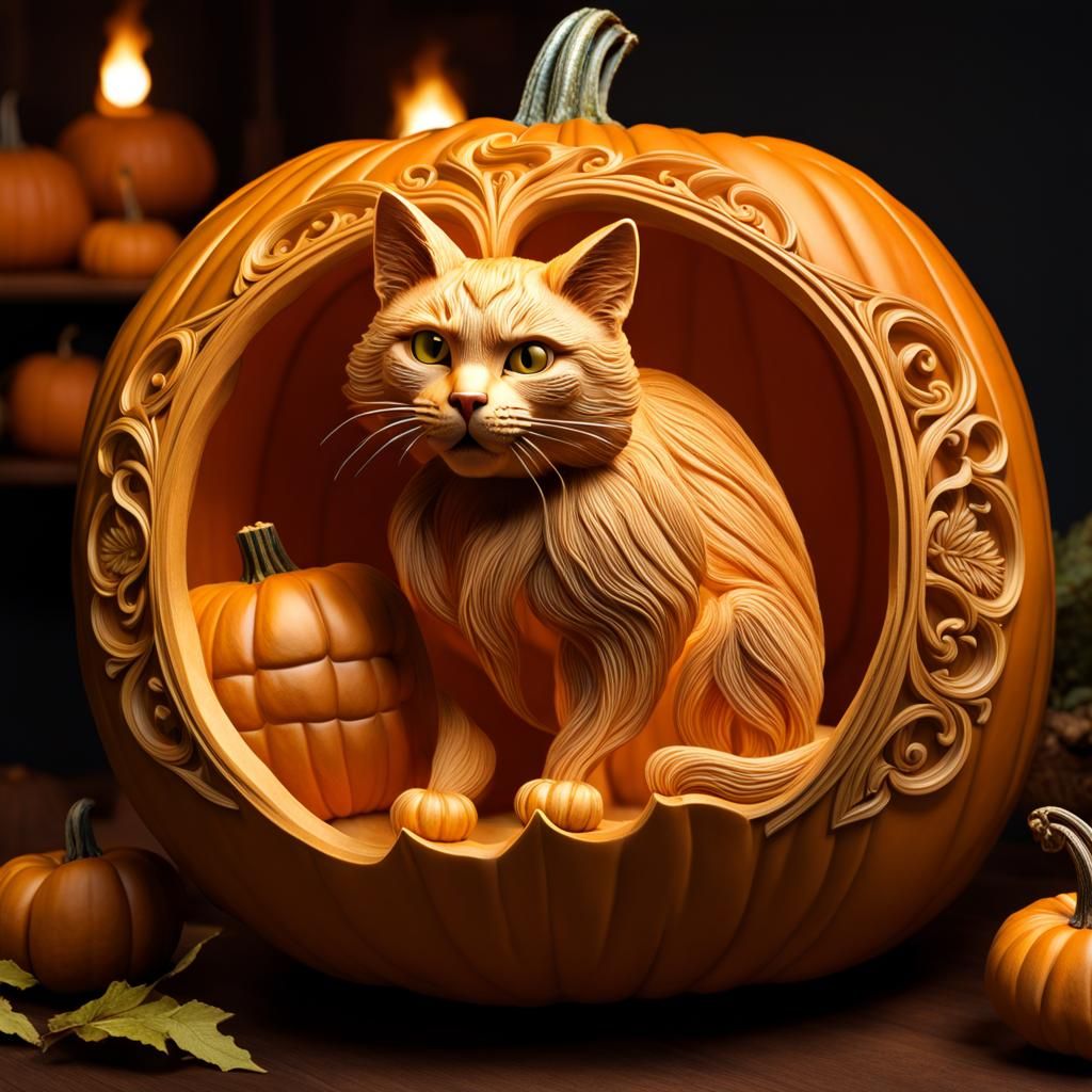 Intricate Cat Carving Inside Fantasy Pumpkin