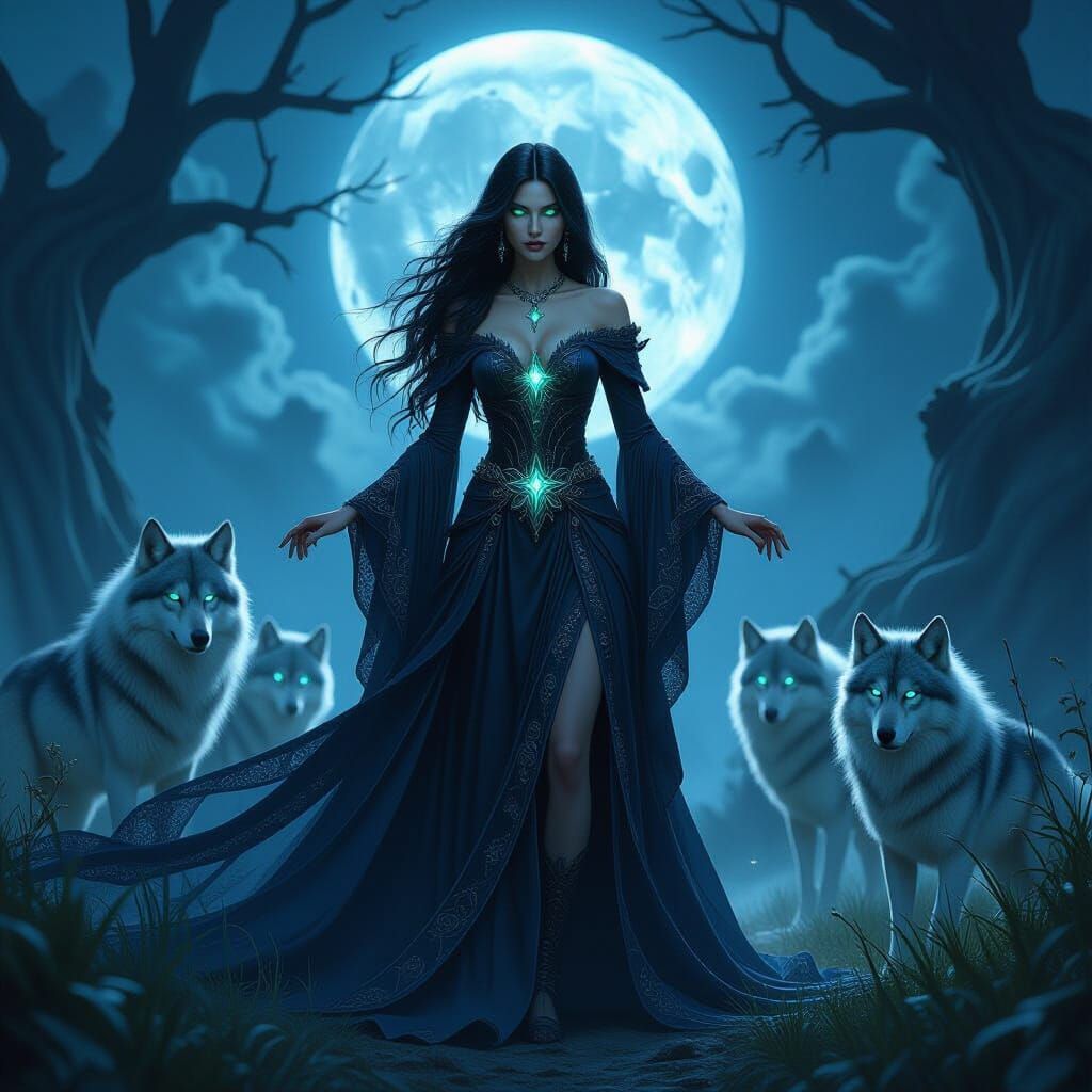 Enchantress in Moonlit Glade with Ethereal Wolves