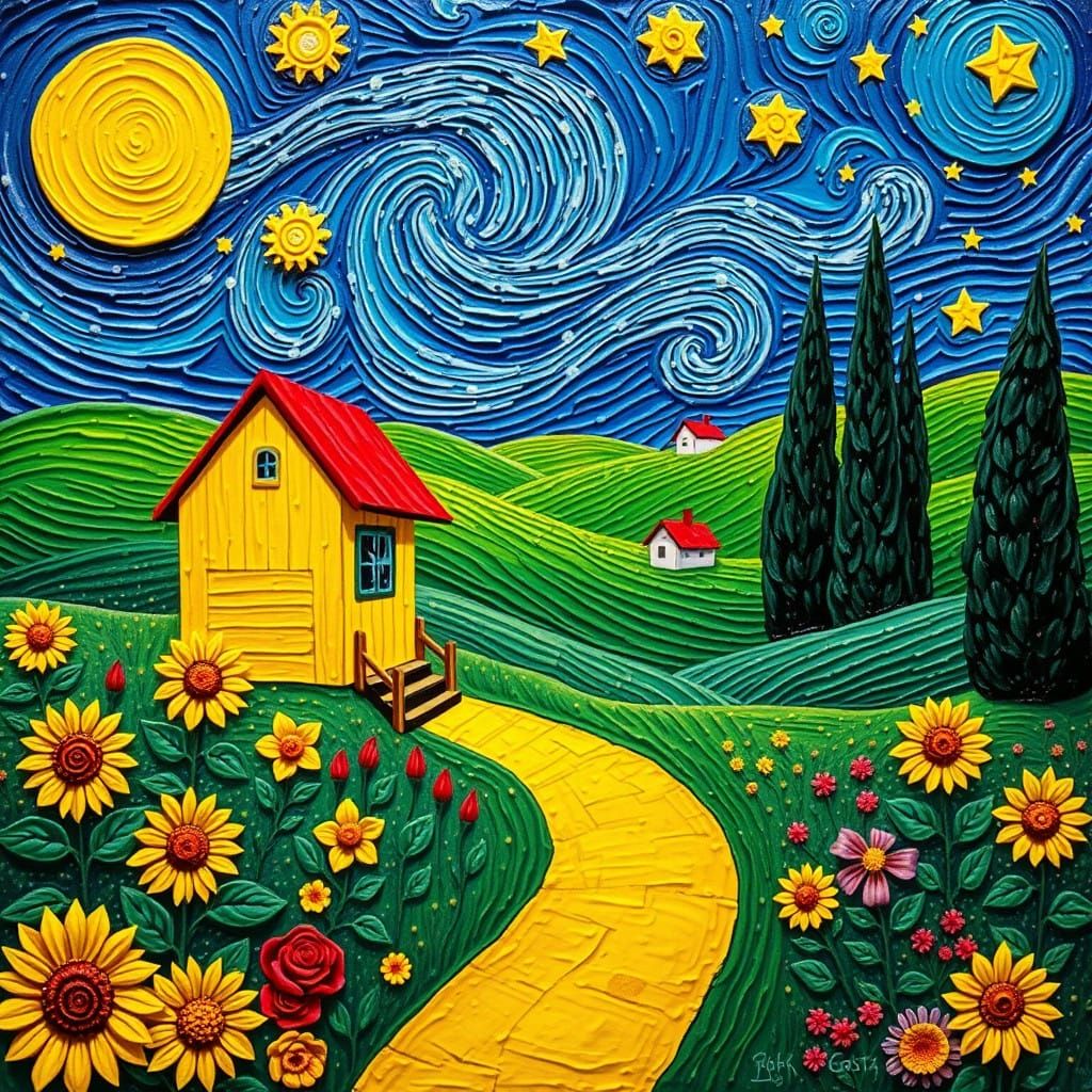 Whimsical Garden Scene in Expressive Folk Art Style
