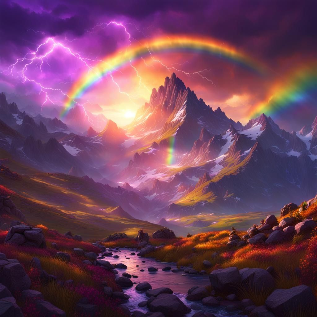 Mountain Sunrise with Rainbow and Lightning, Fantasy Art