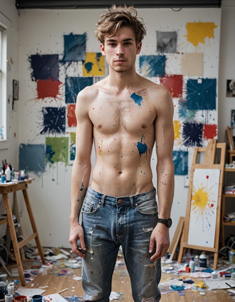 Striking Photo of a Shirtless Artist in Studio