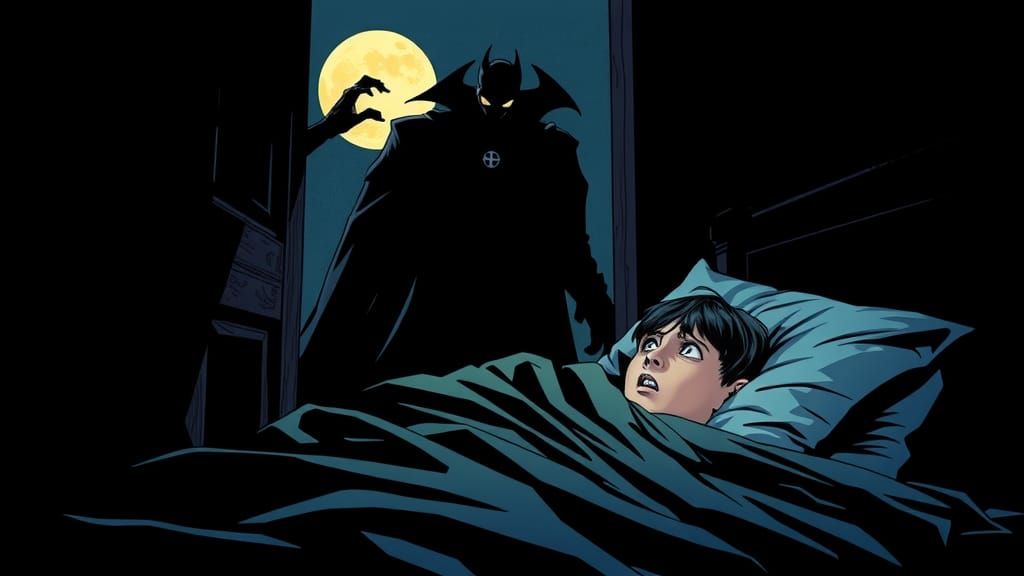Vampire Silhouette Threatens Boy in Gothic Horror Scene