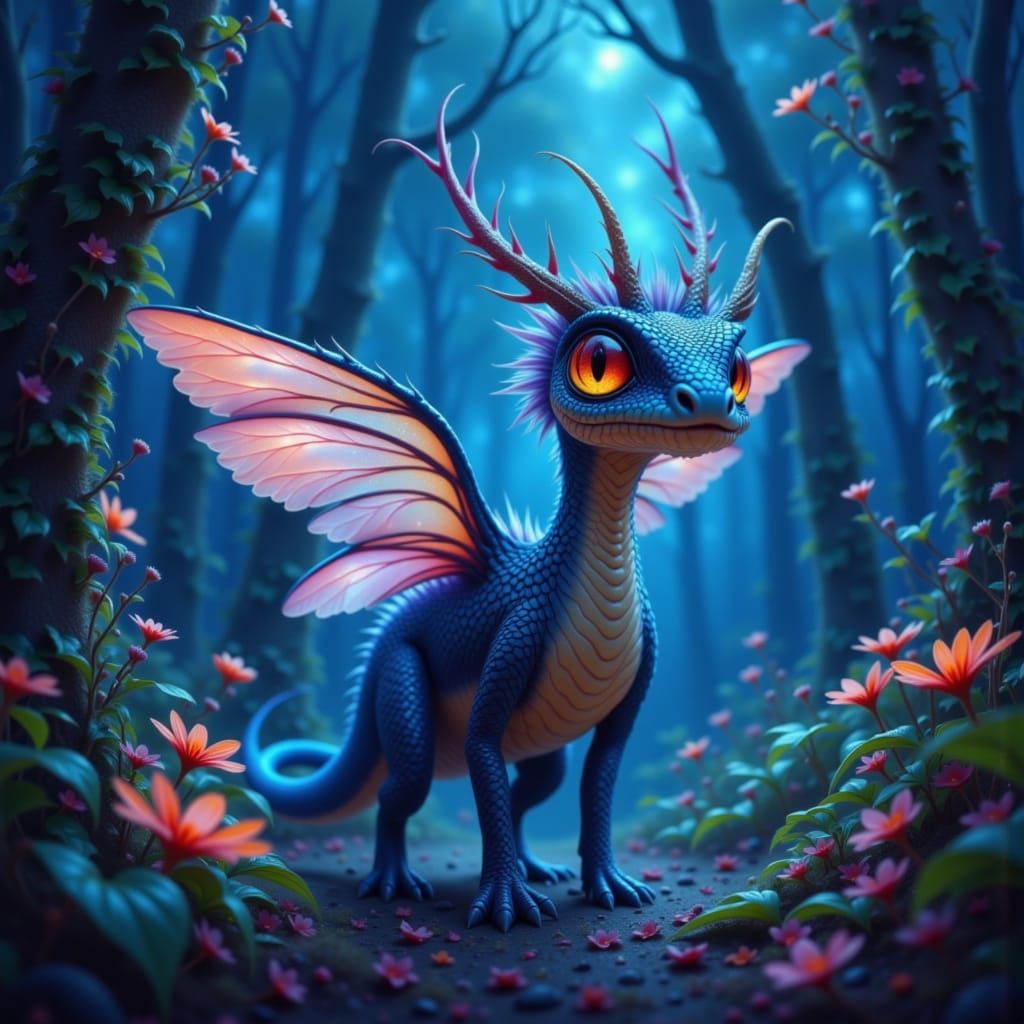 Fantastical Creature in Bioluminescent Forest