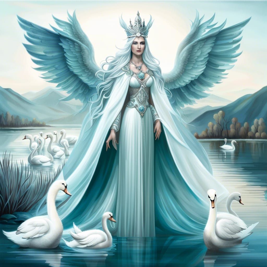 Swan Winged Water Goddess in Lake Scenery