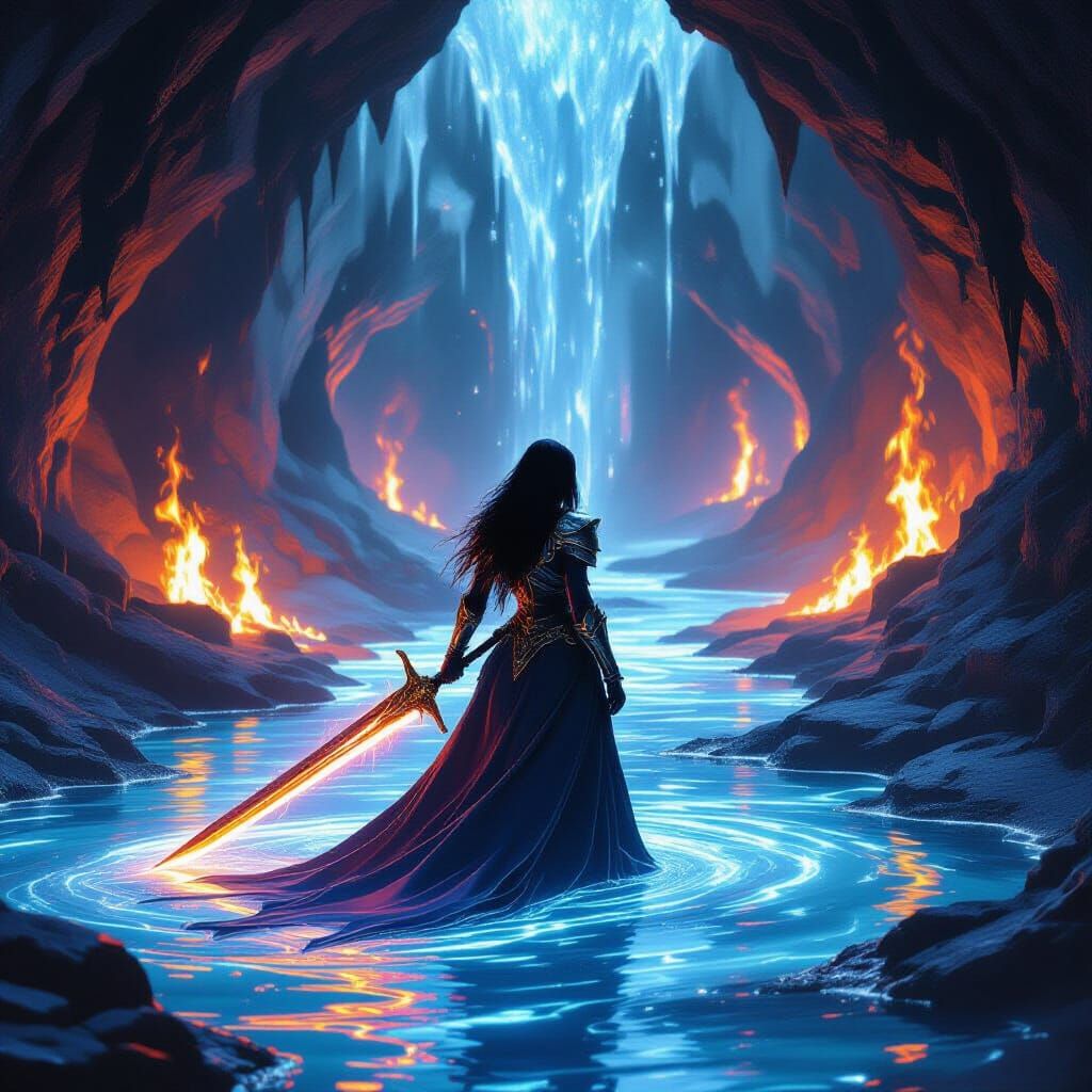 Epic Fantasy Art: Woman with Flaming Sword in Glowing Cavern