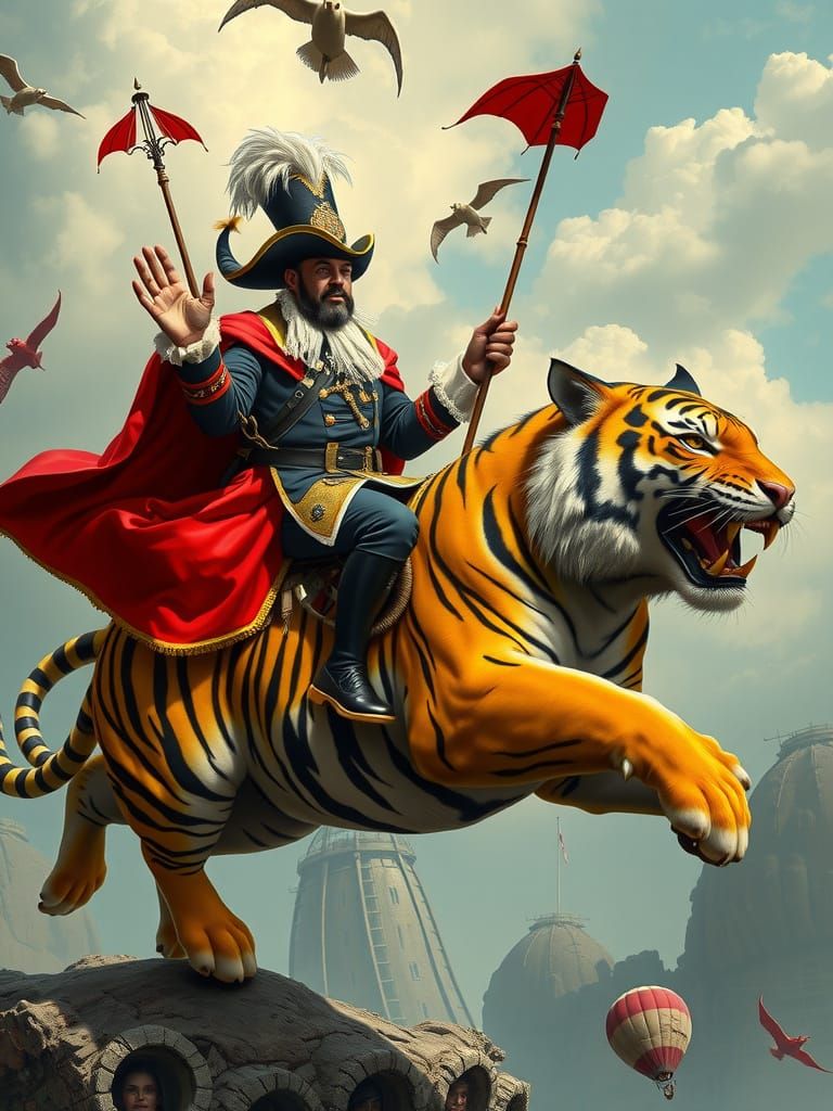 Baron Rides Devil-Tiger Above Arcology, Pop Art Style