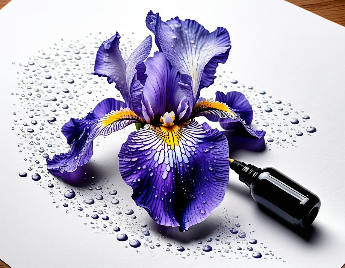Dew-Kissed Iris: A Hyperdetailed Ink Drawing