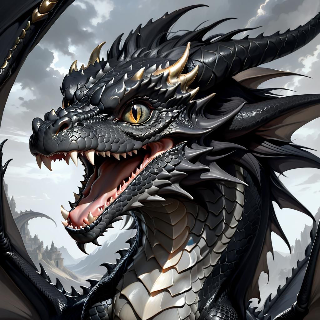 Mythical Black and Grey Dragon Portrait in Anime Style