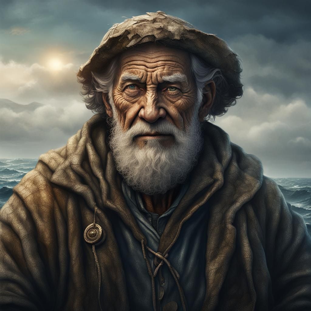 Portrait of an old fisherman at sea, using natural light to highlight weathered textures.”