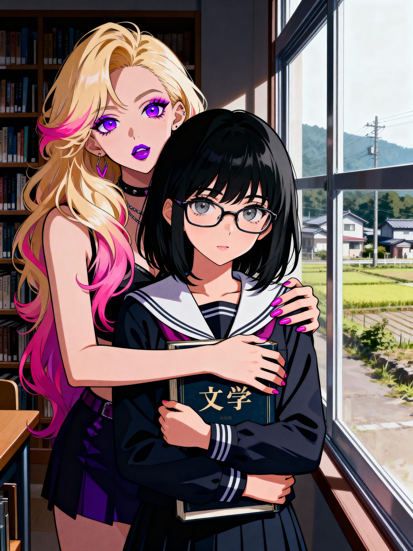Anime Girl Hugged by Gyaru in Library