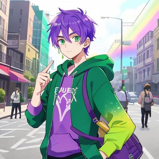 Pretty Boy with Rainbow Hoodie and Violet Hair