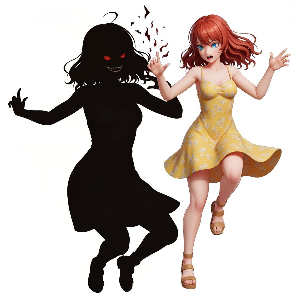 Woman Battles Sinister Shadow Self in Detailed Anime Art