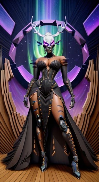 Cyberpunk Afropunk Cyborg Goddess with Magical Woodgrain Gow...