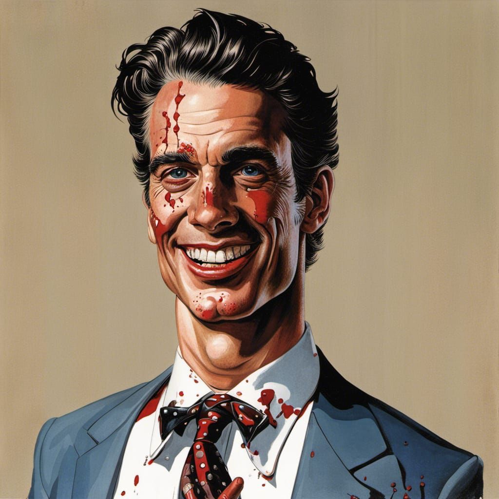 Blood-Splattered Patrick Bateman: 1980s Portrait in Hyperrea...
