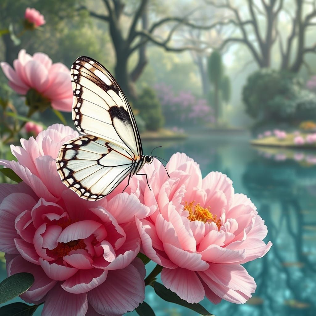 Butterfly on Pink Peonies in Ethereal Fantasy Style