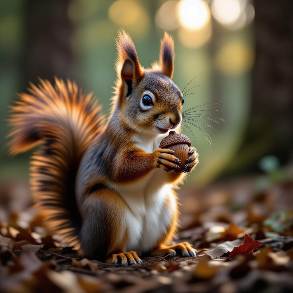 Red Squirrel with Acorn in Forest, Cinematic Digital Paintin...