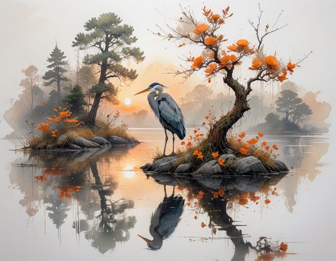 Serene Lakeside Sunrise with Heron and Twisted Tree