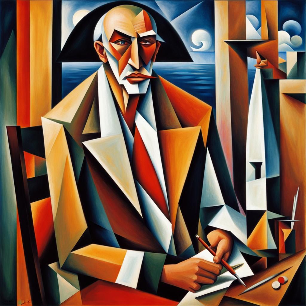 Weathered Sailor Smoking: Abstract Cubism Portrait