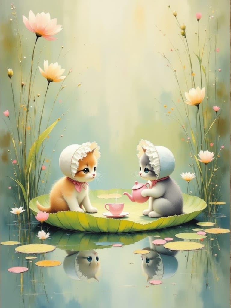 Fluffy Kittens Tea Party on Lily Pad