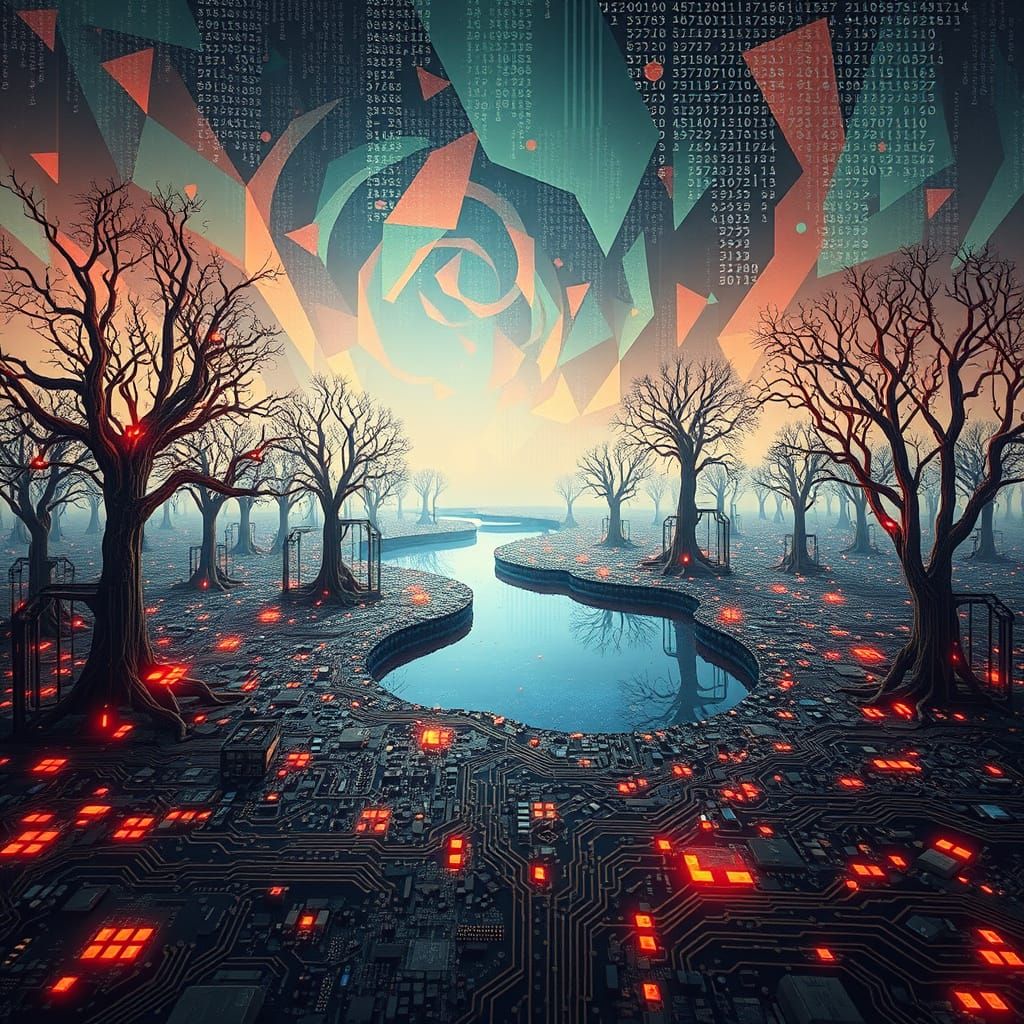Surreal Circuit Board Landscape with Data River