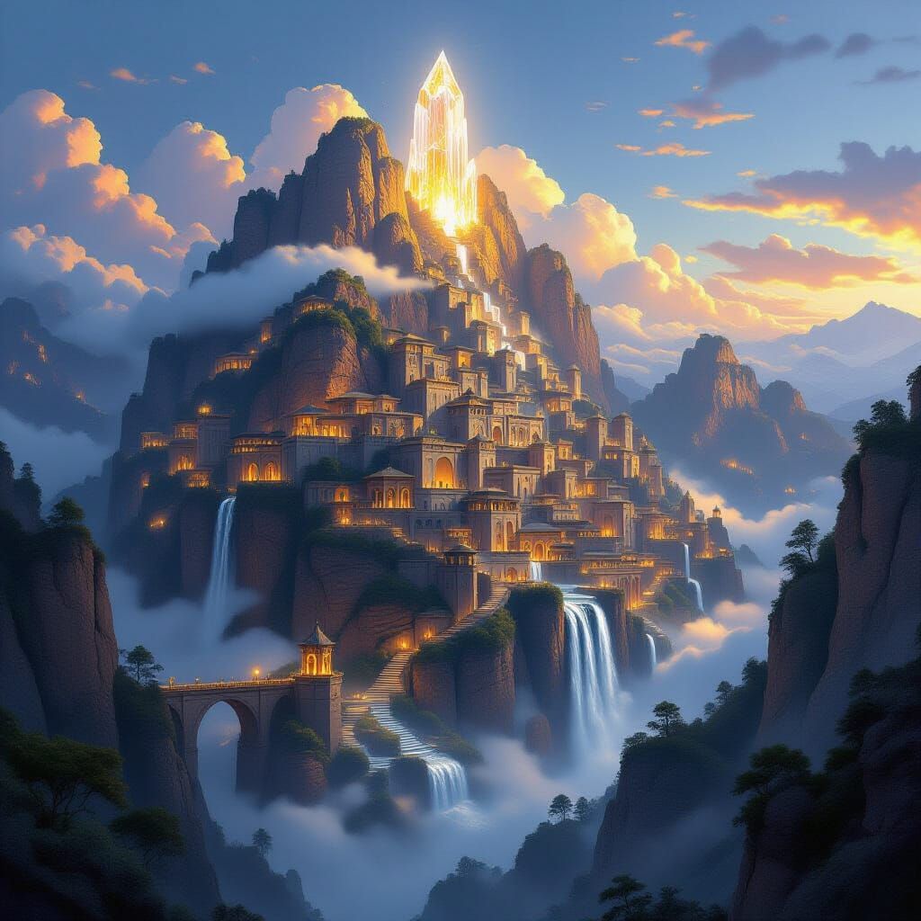 Mountain City Carved into Cliffs with Crystal Spire