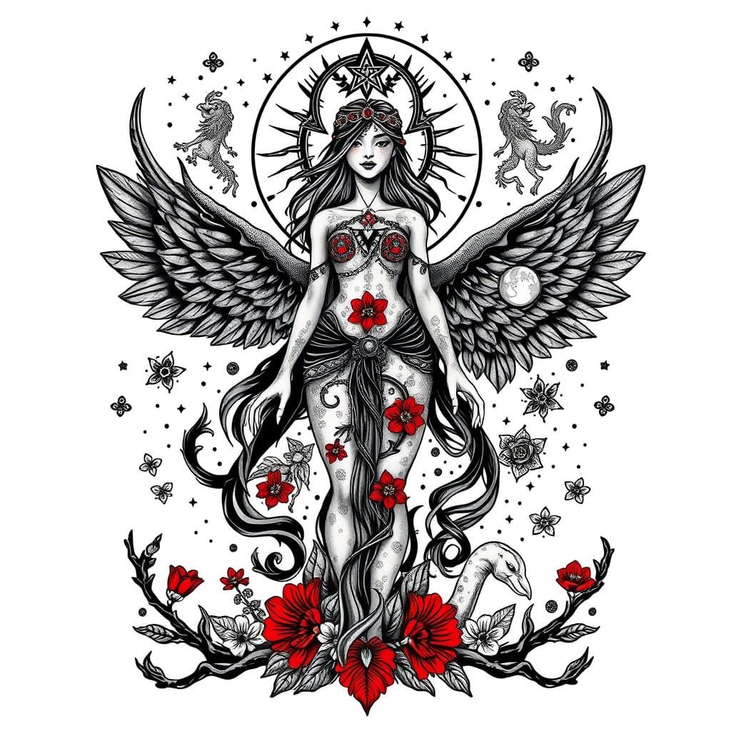 Mystical Tattoo Sheet: Earth, Moon, and Mythological Figures