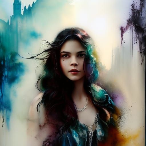 Dreamy Portrait of Young Woman in Alcohol Ink Style