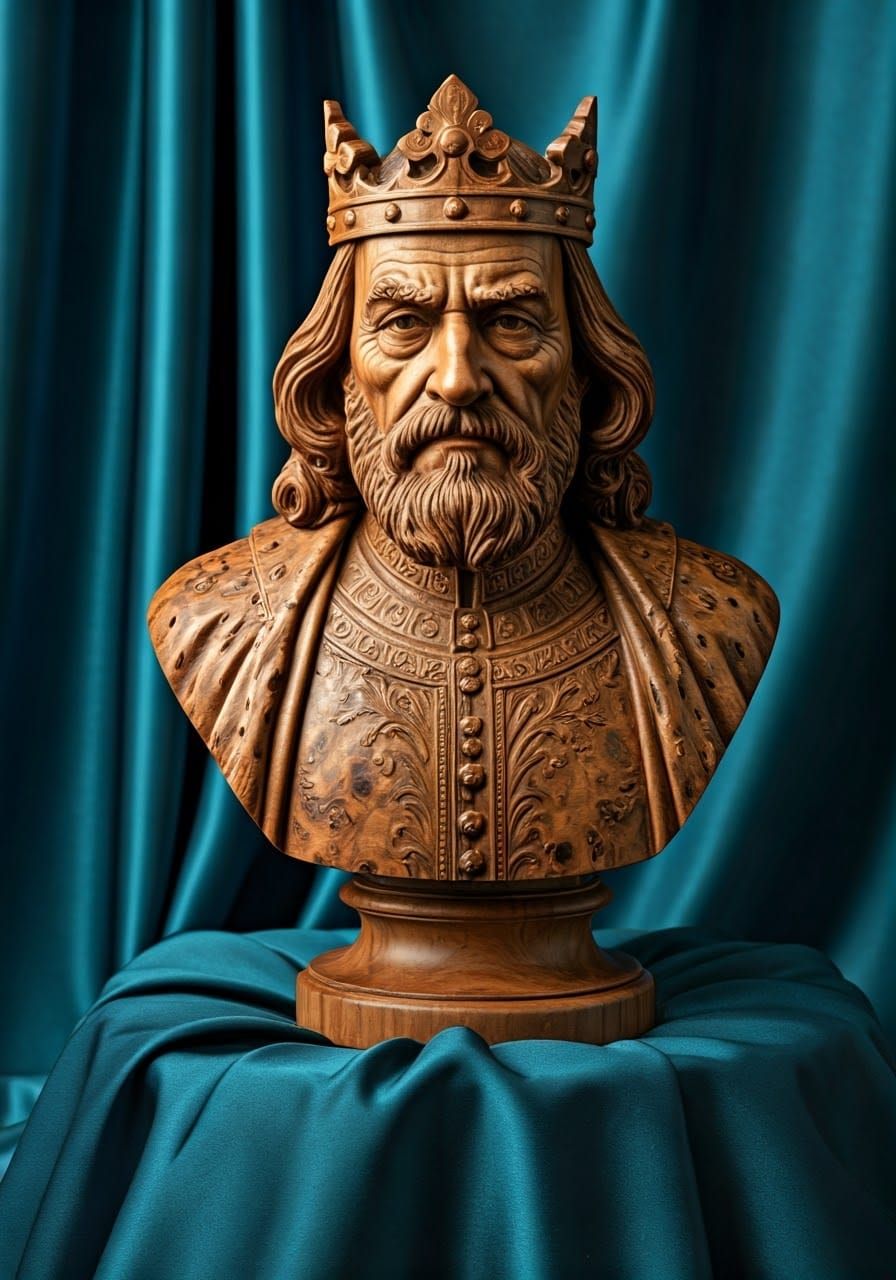 Introspective King Bust Carved from Walnut