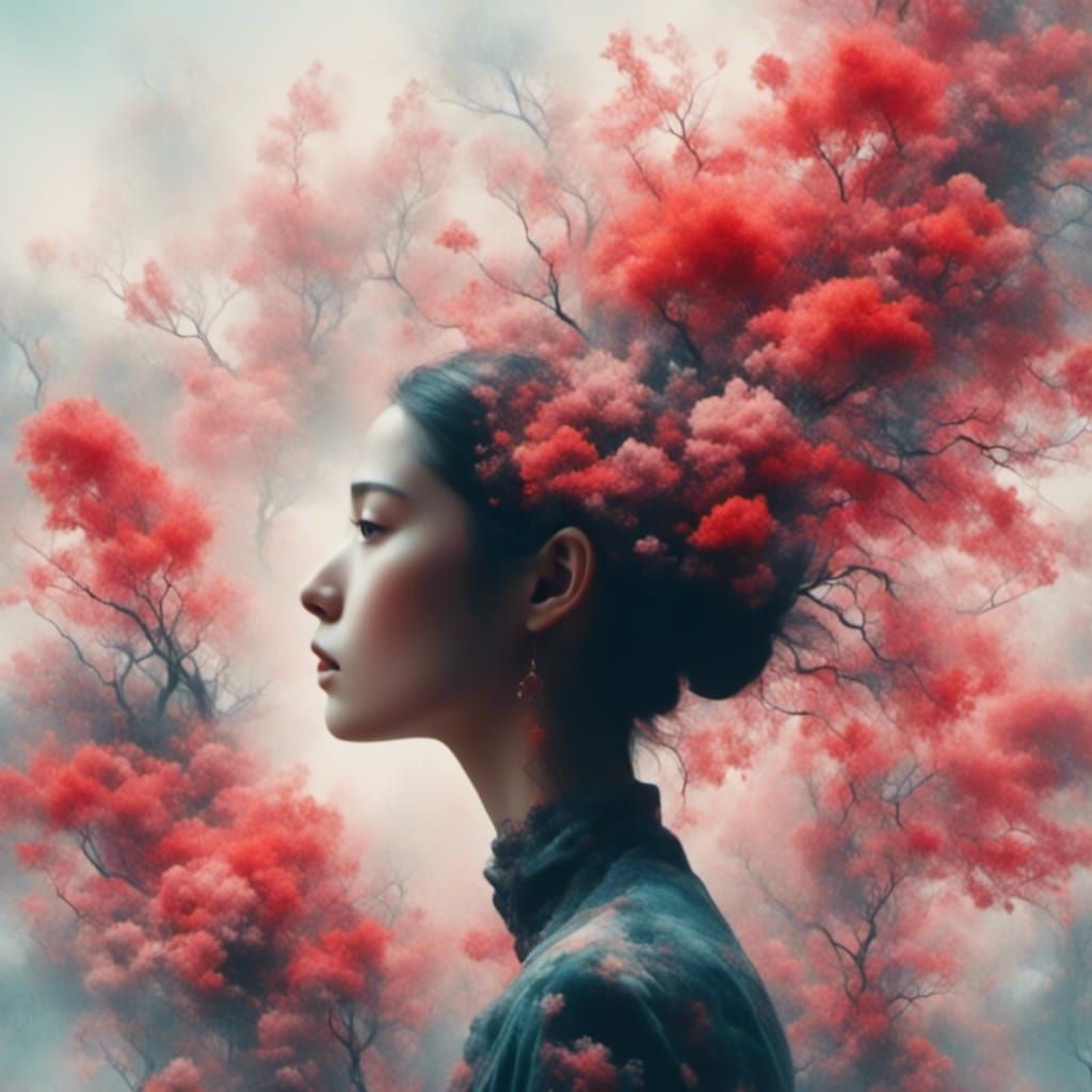 Surreal Double Exposure with Woman and Flowers