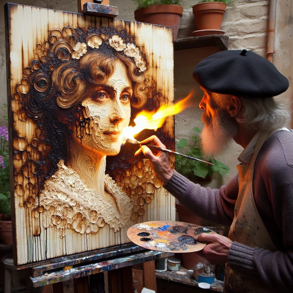 Flaming Brush Portrait in Neo-Expressionist Style