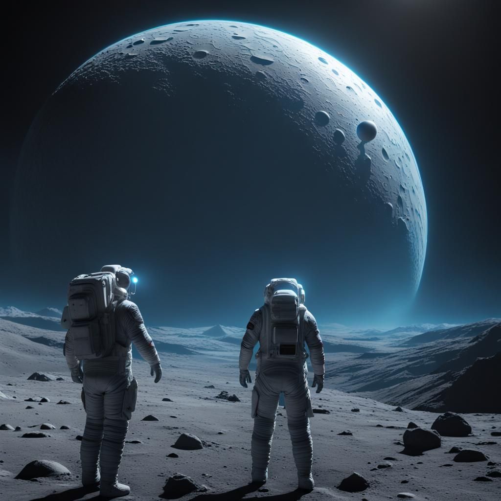 Astronauts Observe Hemispheres on Barren Moon: Detailed Art