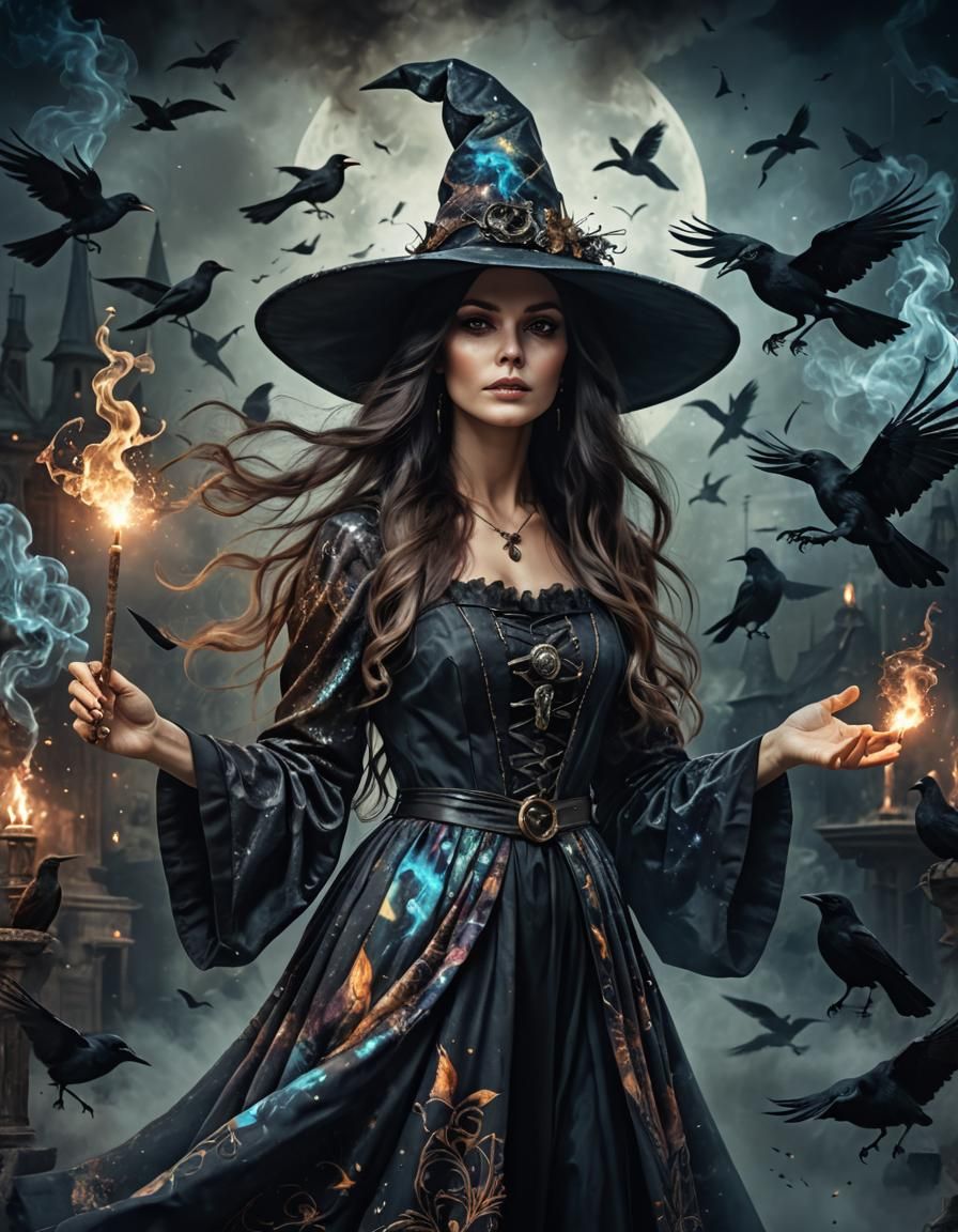 Cosmic Witch Portrait in Pablo Amaringo Style