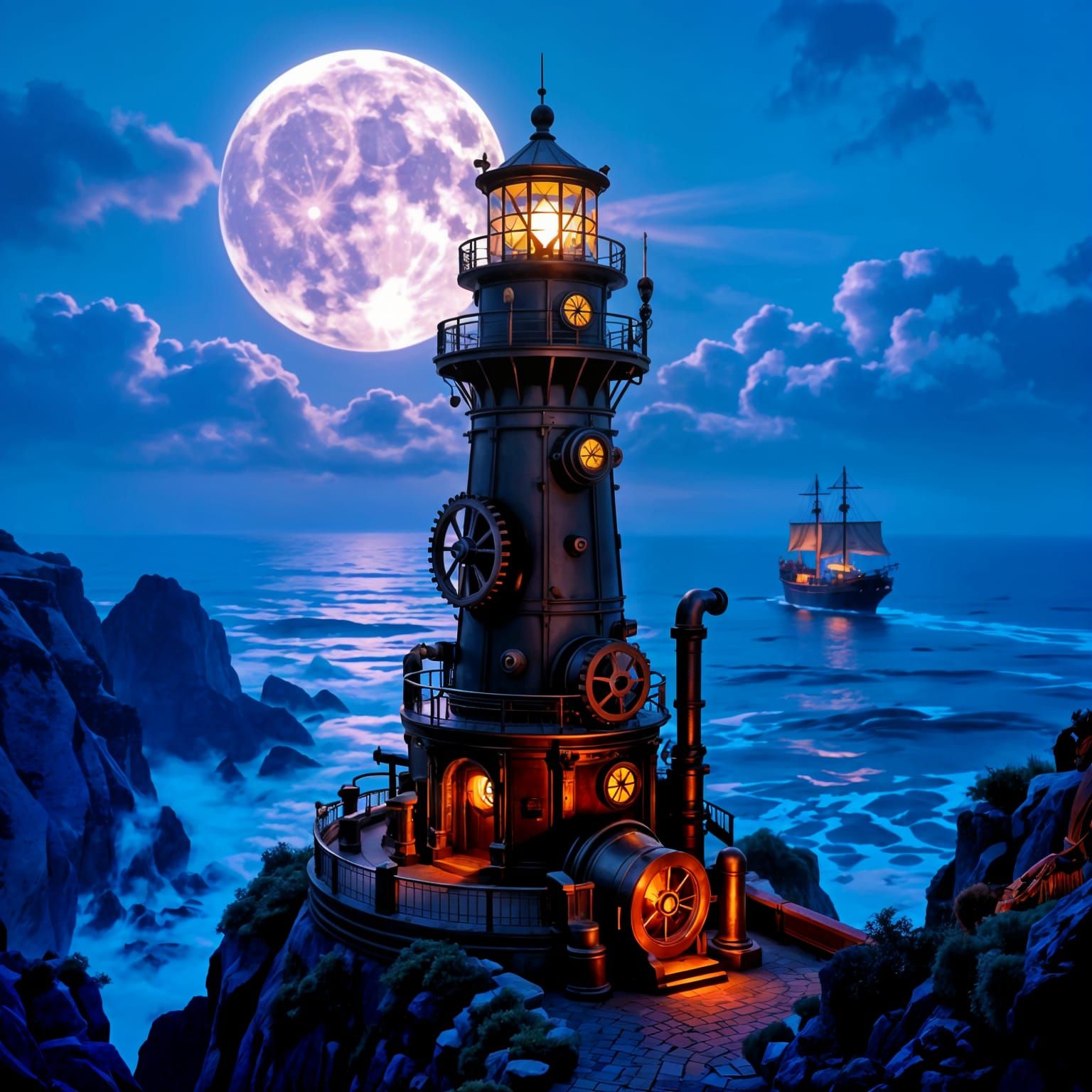 Steampunk Lighthouse with Clockwork Mechanisms and Ocean Vie...