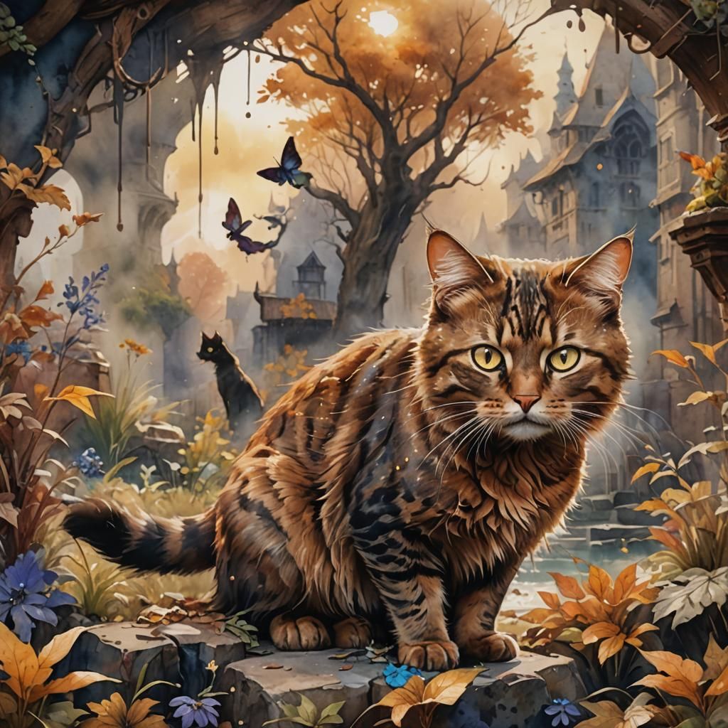 Brown Cat Watercolor Painting in 8k