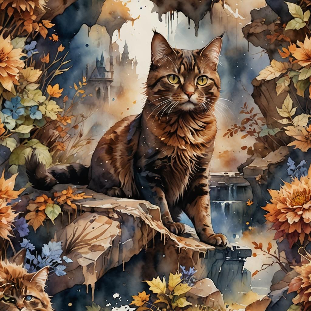 Detailed Watercolor Painting of a Brown Cat