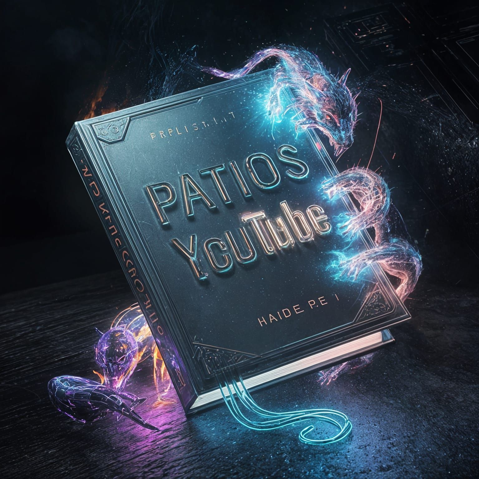 Futuristic Book Cover with Neon Holographic Creatures