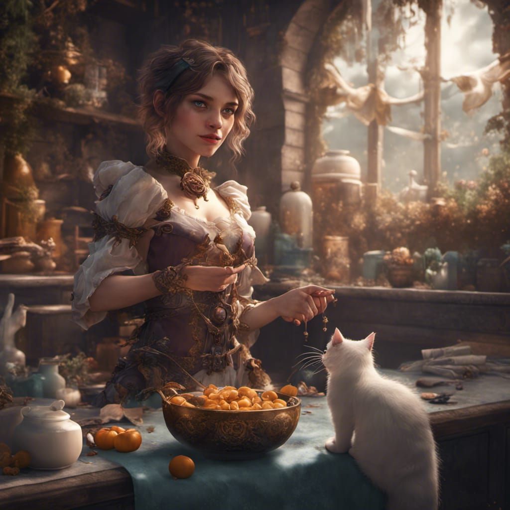 Girl and Cat Sharing Milk: Detailed Matte Painting