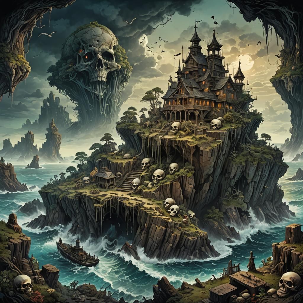 Macabre Floating Skull Island and Pirate Hideout