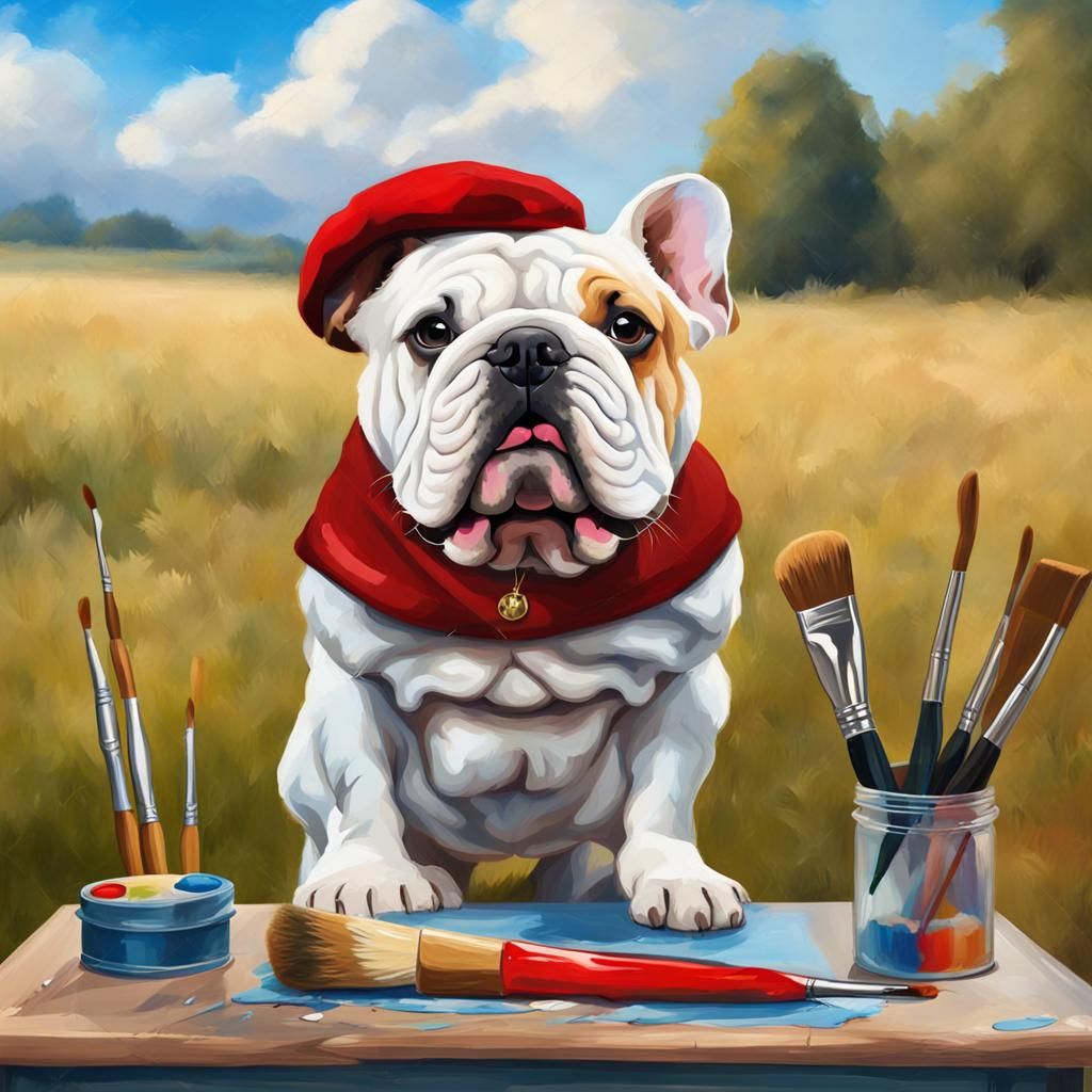 Bulldog Artist in Meadow: Digital Art Portrait