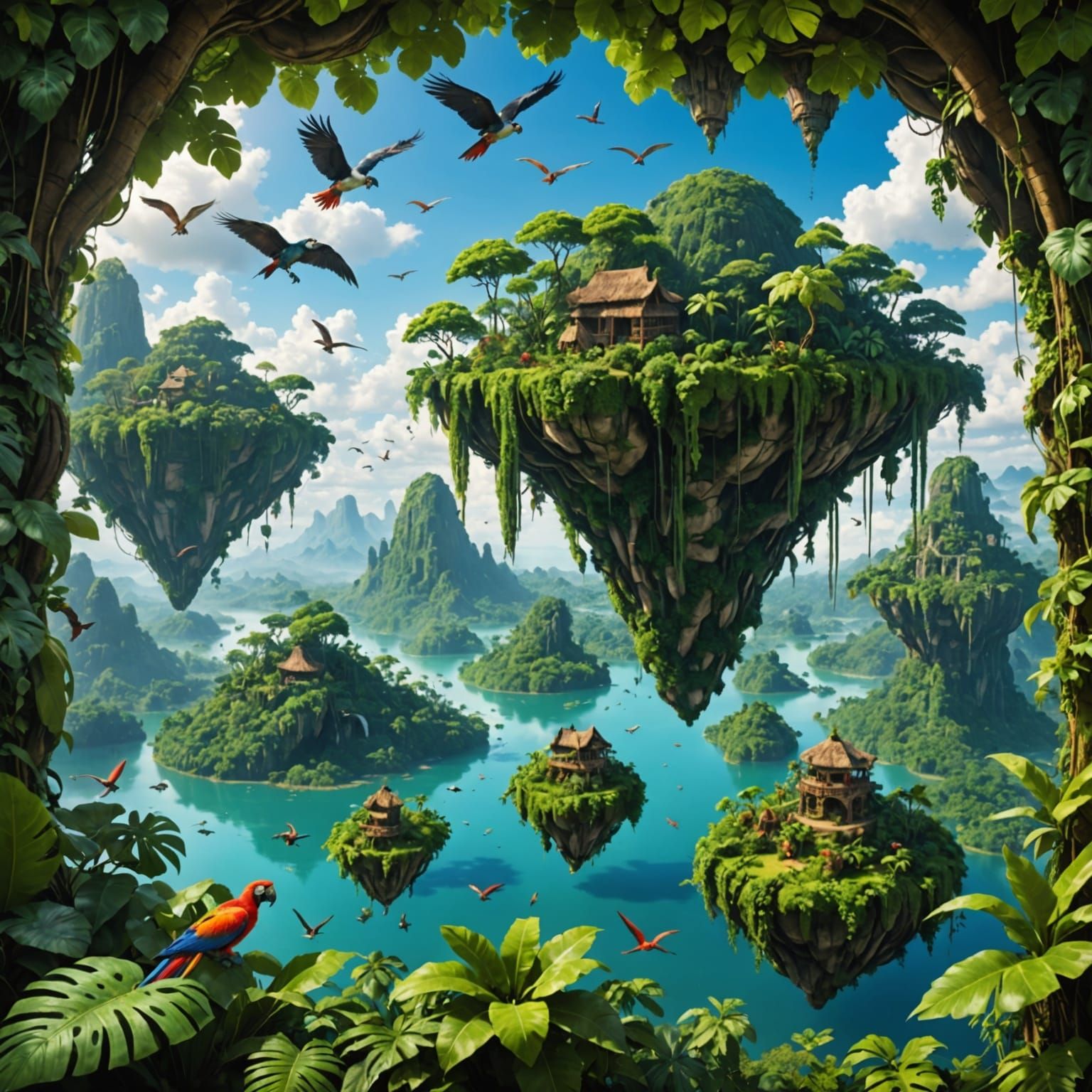 Levitating Tropical Islands with Fantasy Creatures in Sky