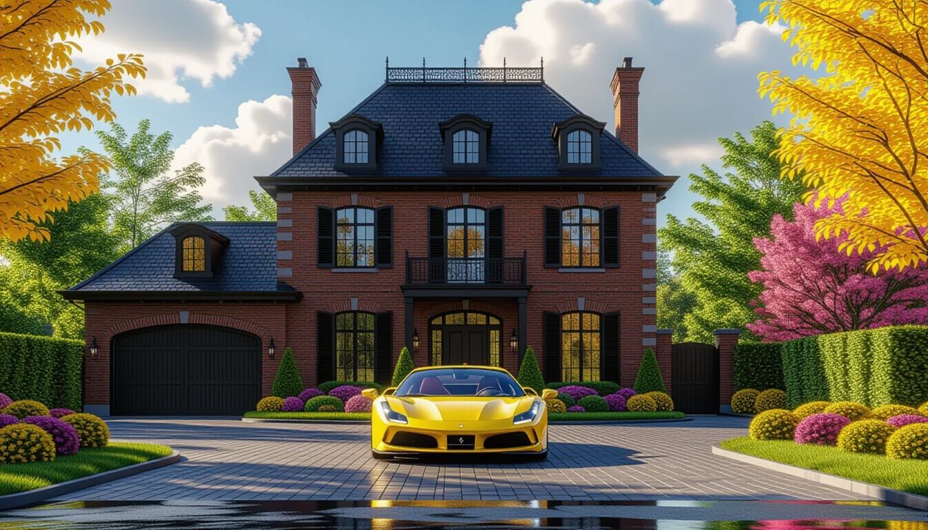 Victorian Chateau with Ferrari in Impressionist Style