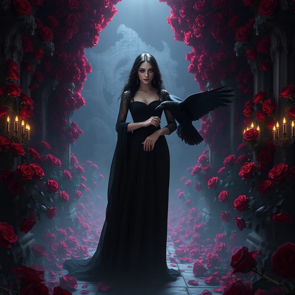 Woman in Crypt with Raven: Gothic Fantasy Art