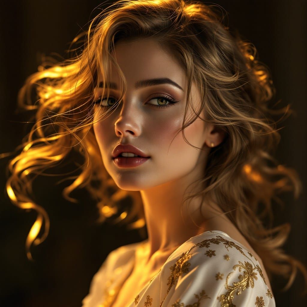 Majestic Portrait of a Bronze-Golden Haired Woman in Warm Go...