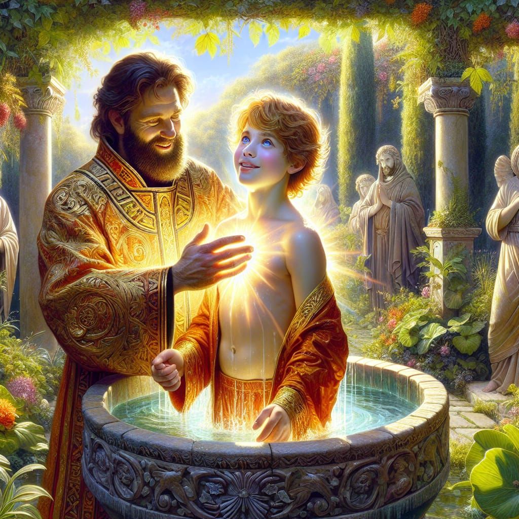 Byzantine Garden Baptism: Hyperrealistic Splash Art