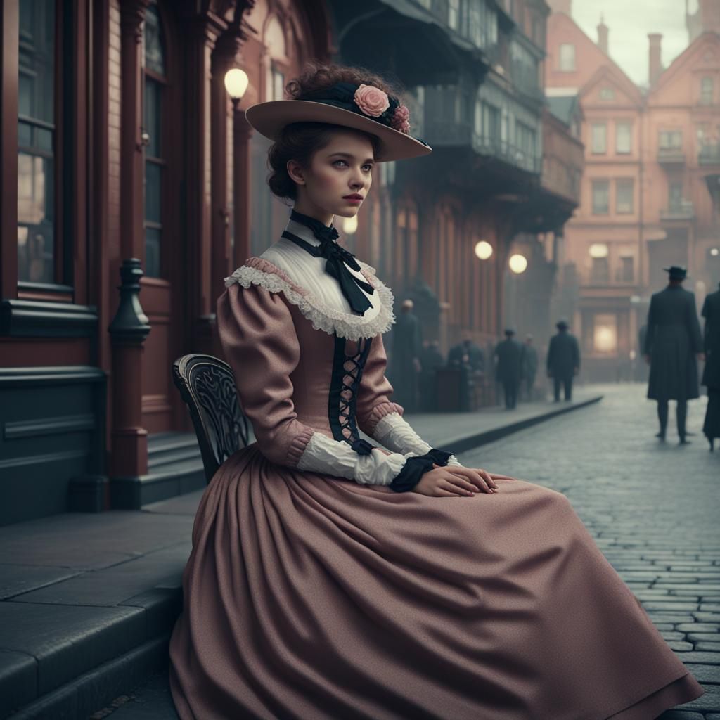 Girl in Victorian Dress Street Scene Concept Art